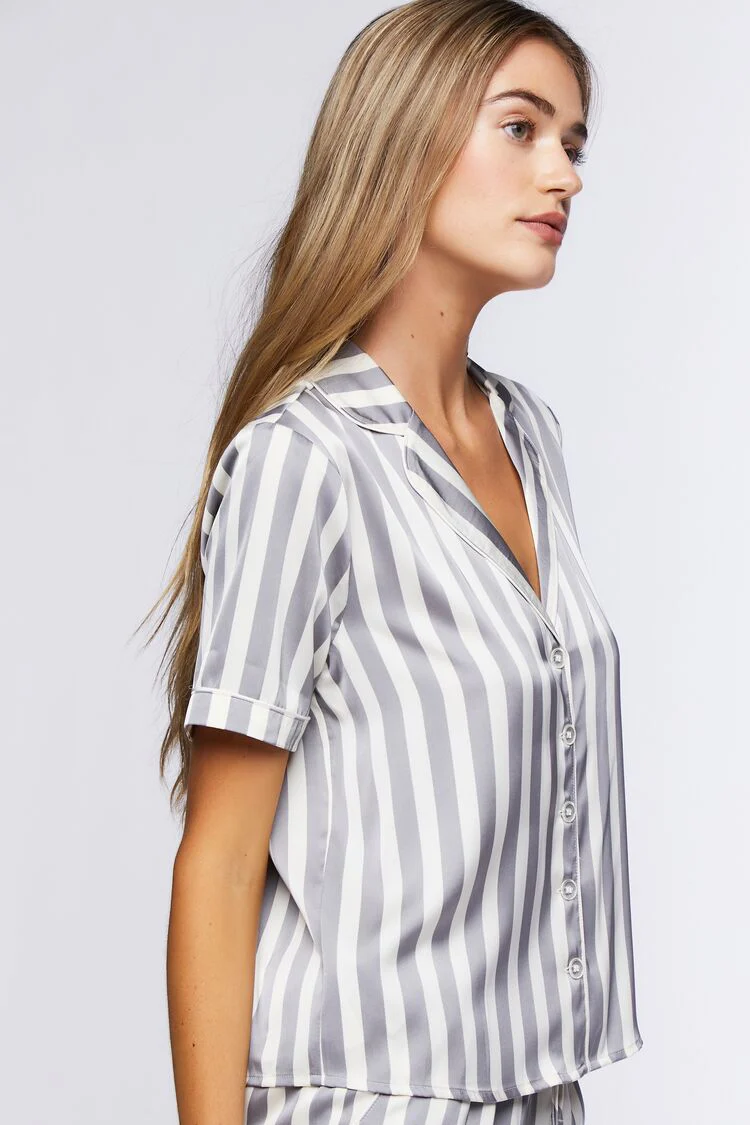 Striped Satin Shirt & Shorts Pajama Set - Image 2