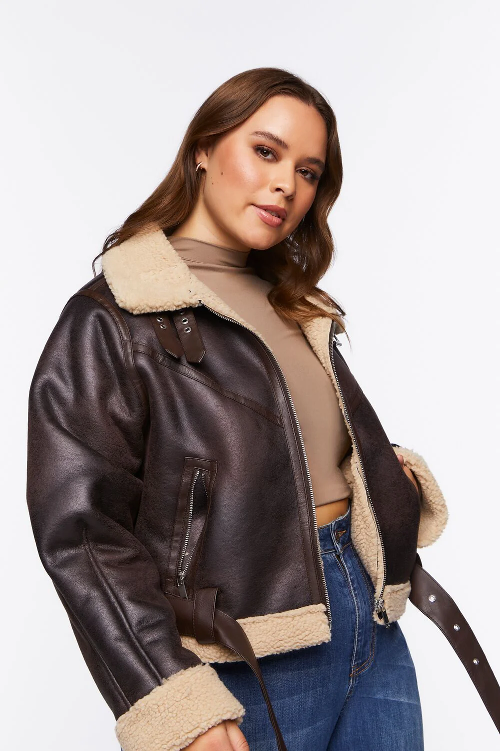 Plus Size Faux Shearling Moto Jacket - Image 2