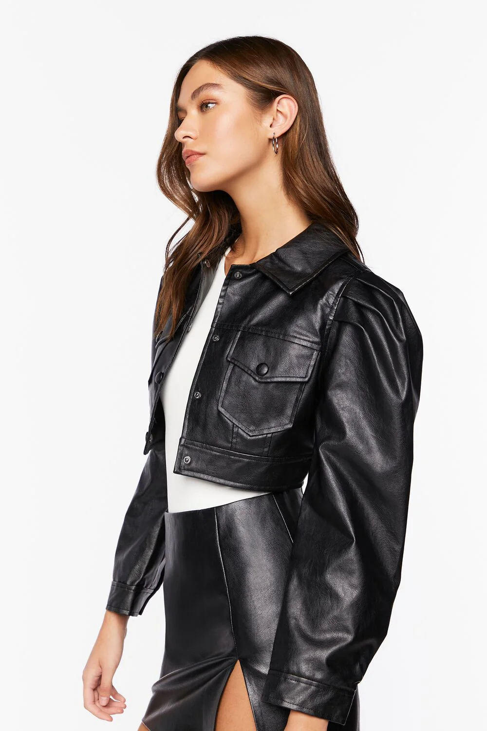 Faux Leather Cropped Trucker Jacket - Image 2