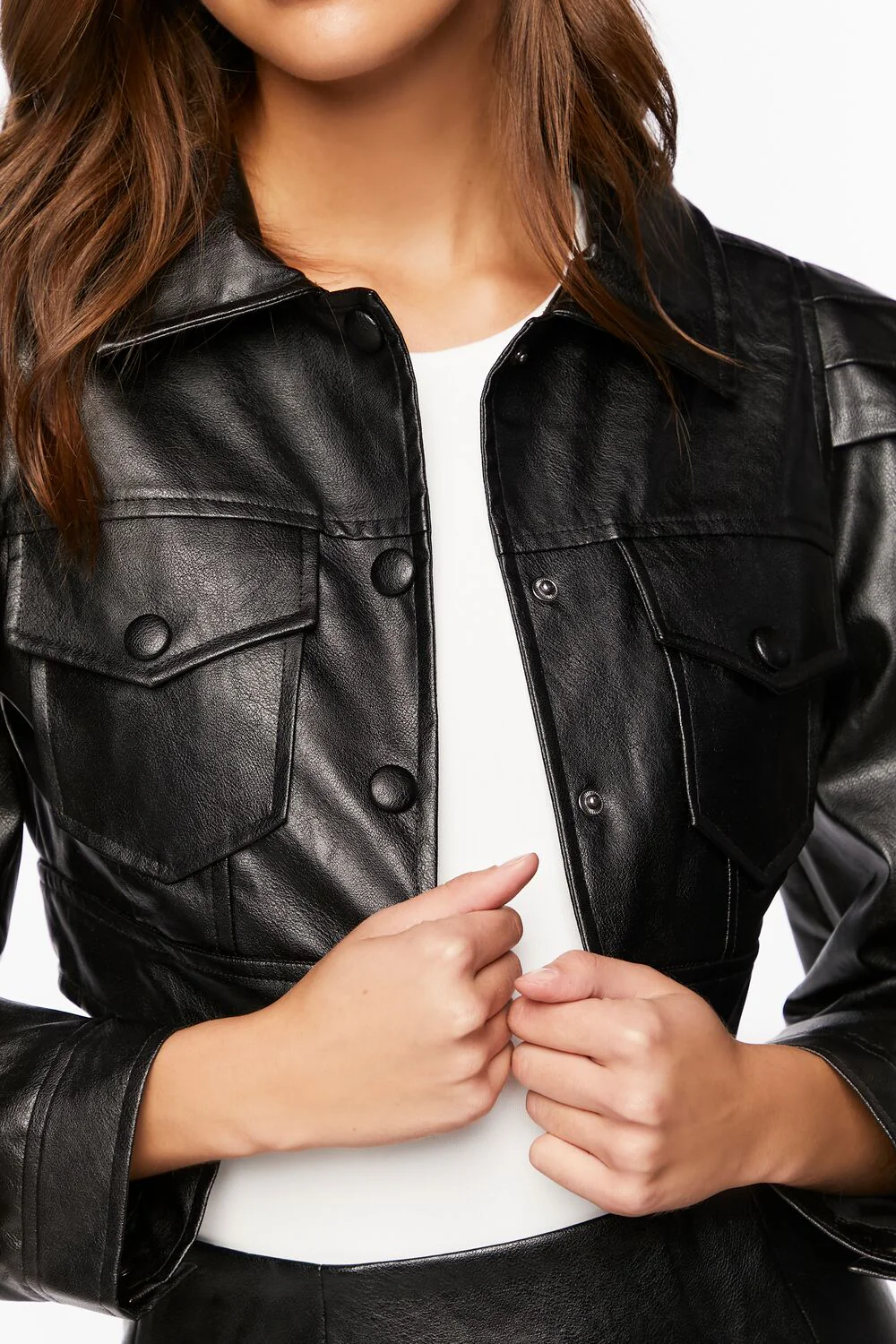 Faux Leather Cropped Trucker Jacket - Image 5