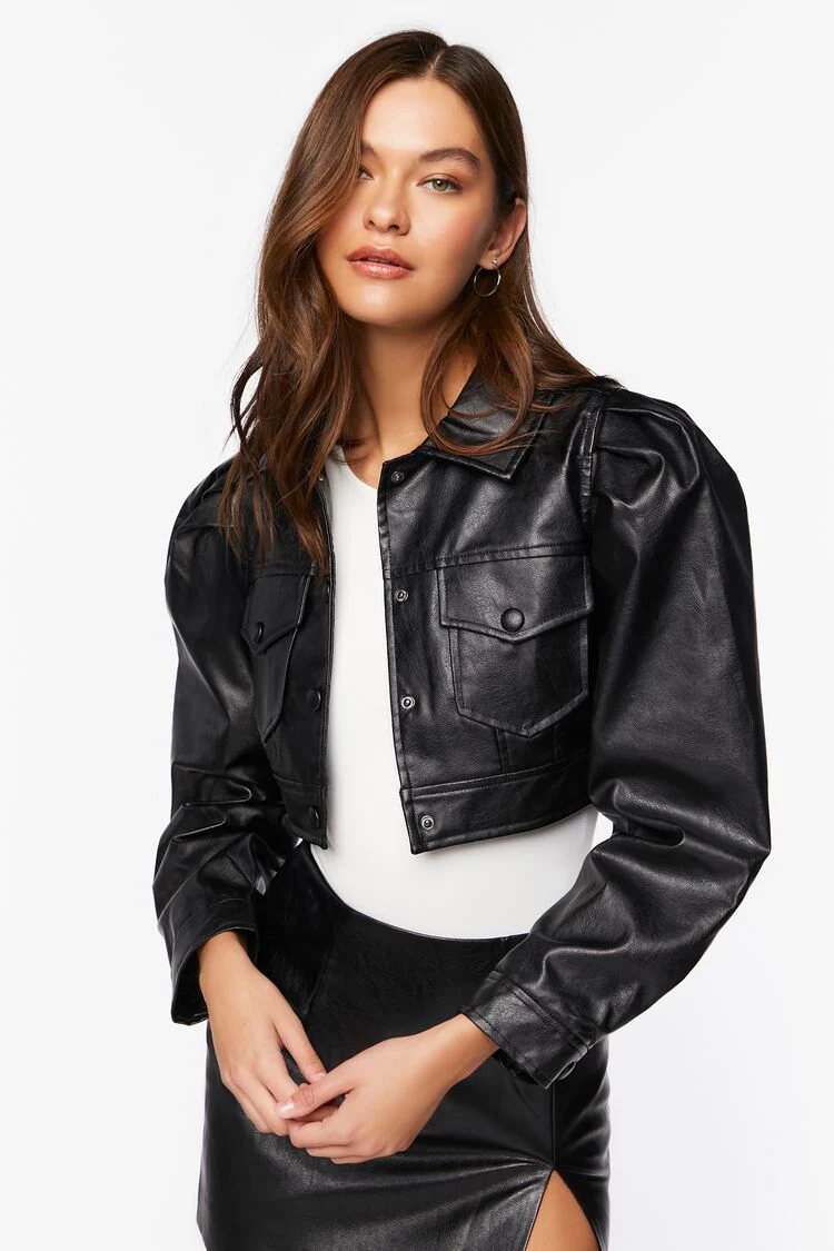 Faux Leather Cropped Trucker Jacket - Image 6