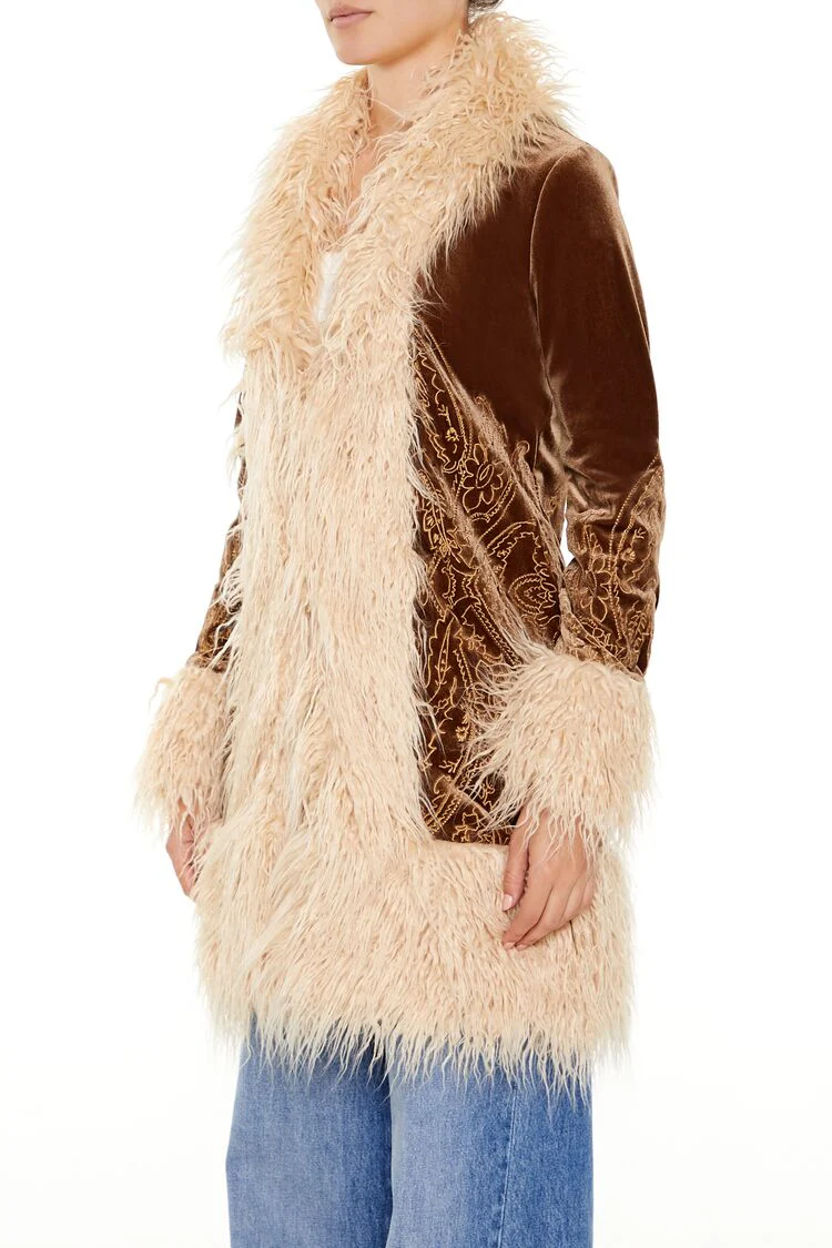 Faux Fur-Trim Embroidered Coat - Image 4