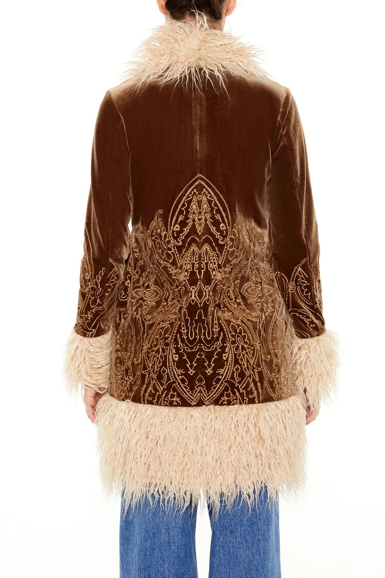 Faux Fur-Trim Embroidered Coat - Image 5
