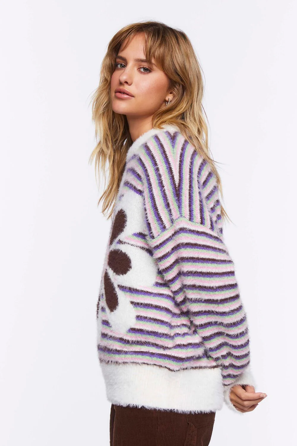 Fuzzy Striped Floral Graphic Sweater - Image 2