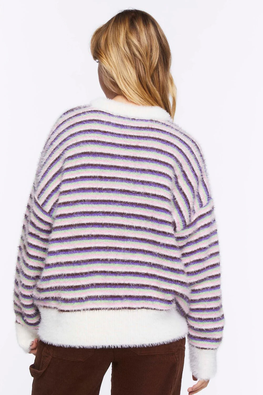 Fuzzy Striped Floral Graphic Sweater - Image 3