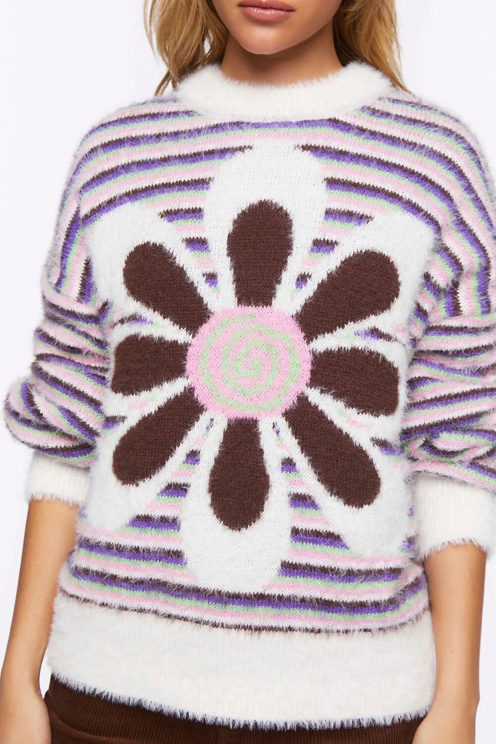 Fuzzy Striped Floral Graphic Sweater - Image 5