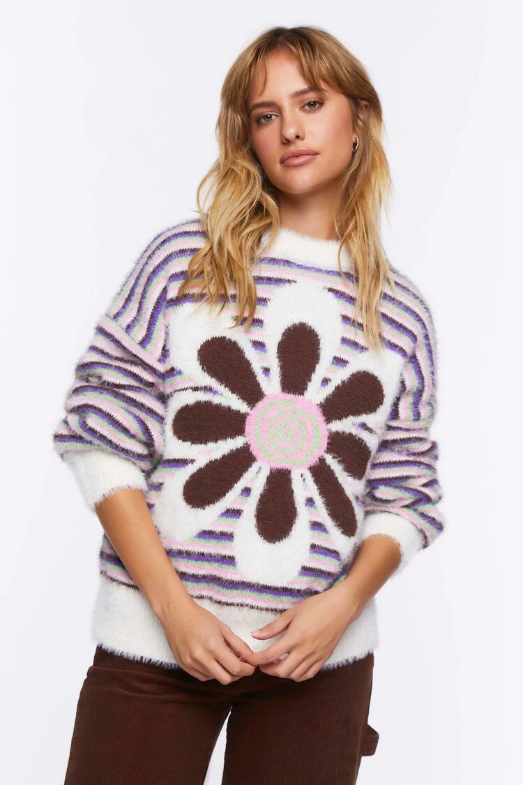 Fuzzy Striped Floral Graphic Sweater - Image 6