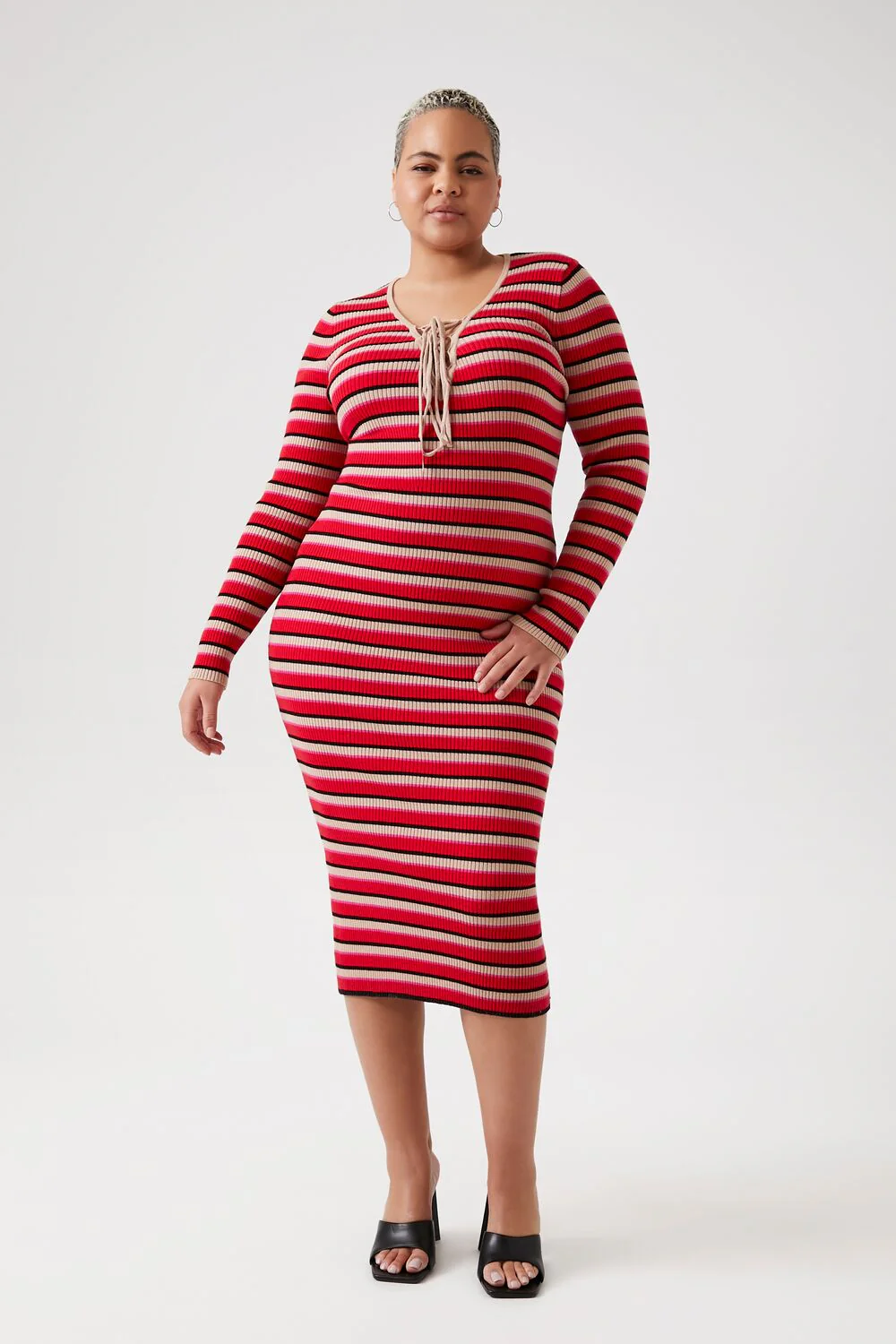 Plus Size Striped Lace-Up Sweater Dress - Image 4