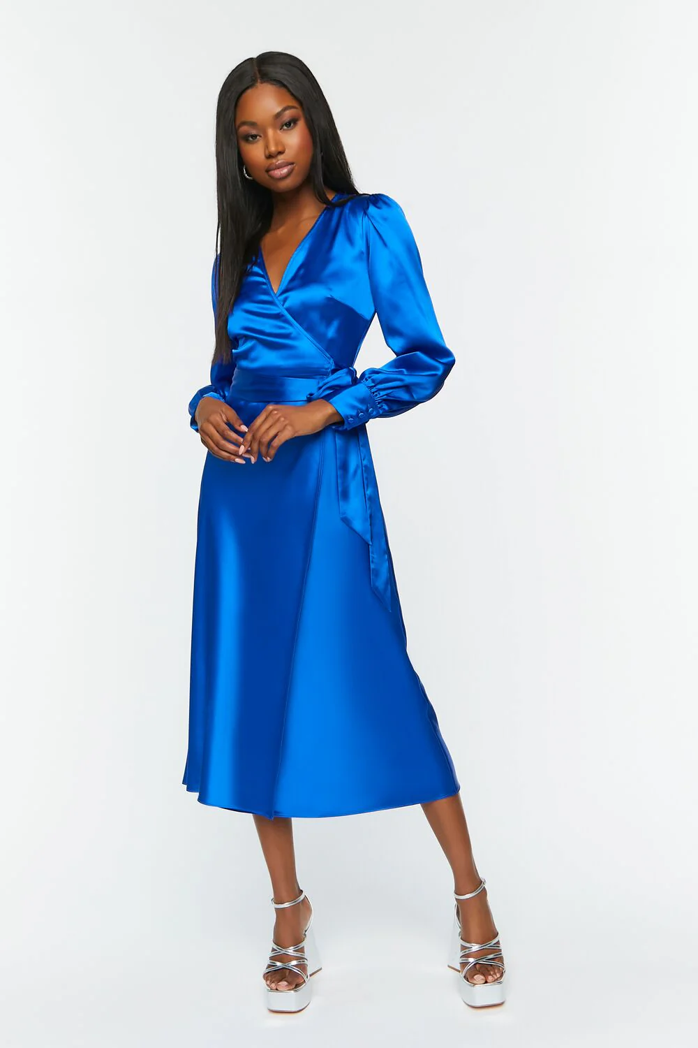 Satin Surplice Wrap Midi Dress - Image 4
