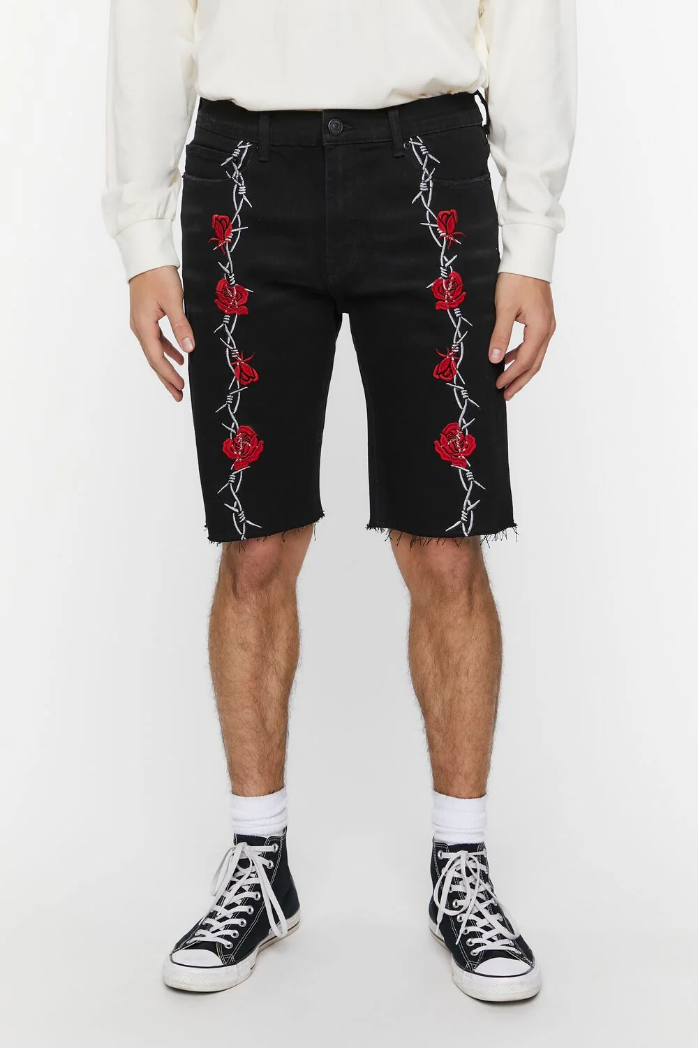 Embroidered Wire & Roses Denim Shorts - Image 2