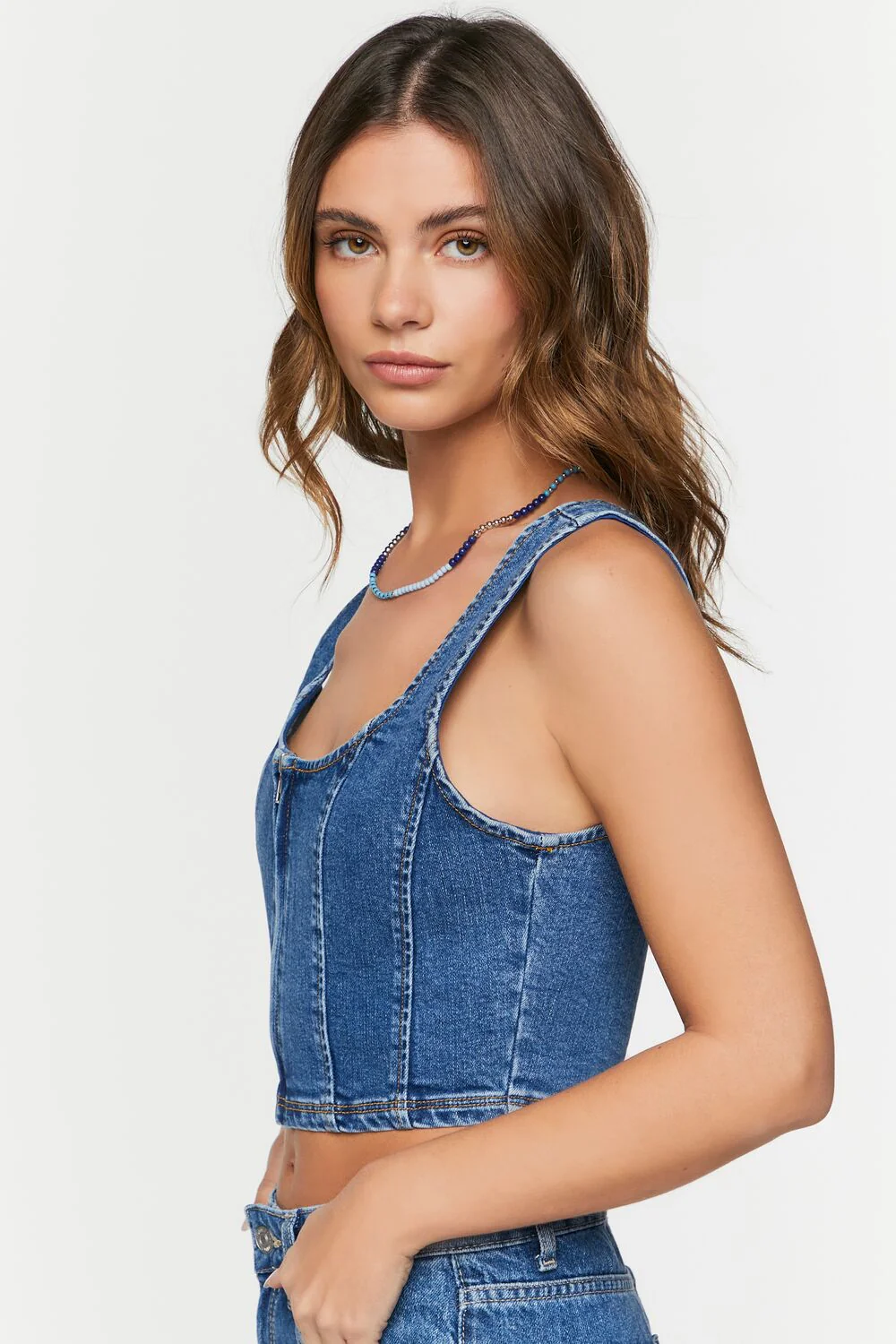 Denim Zip-Up Bustier Crop Top - Image 2
