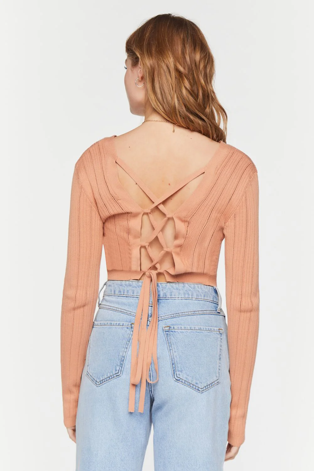 Lace-Up Cropped Cardigan Sweater - Image 3