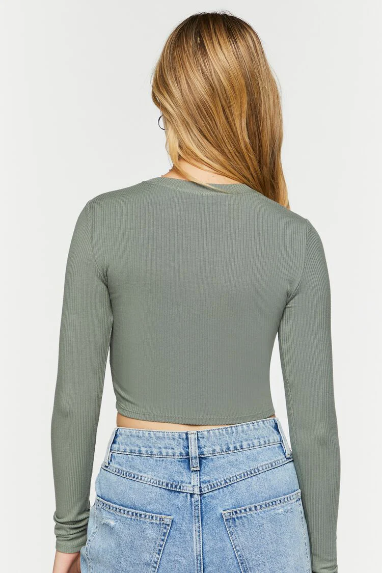 Ruched Rib-Knit Long-Sleeve Crop Top - Image 3
