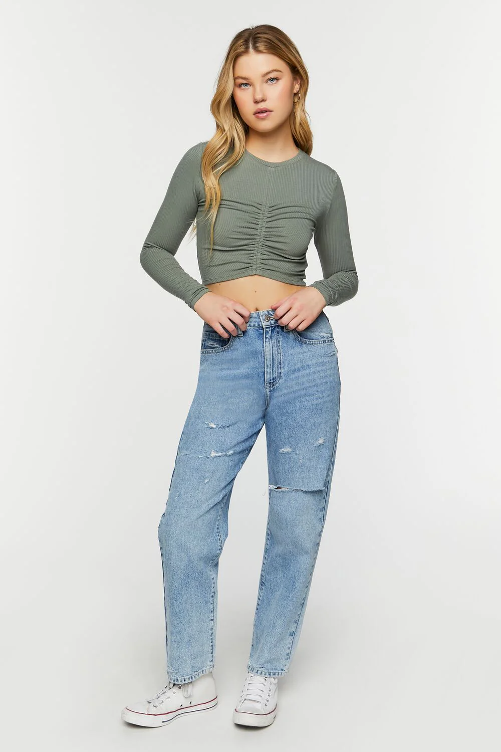 Ruched Rib-Knit Long-Sleeve Crop Top - Image 4