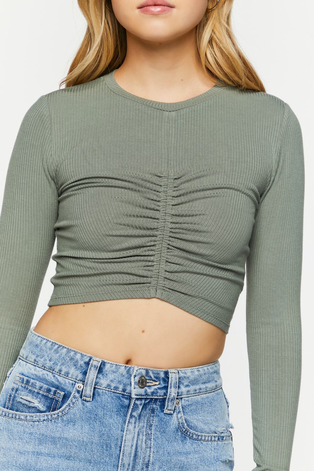 Ruched Rib-Knit Long-Sleeve Crop Top - Image 5