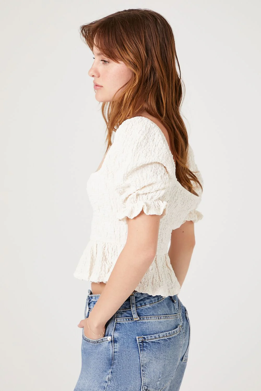 Crinkled Puff-Sleeve Crop Top - Image 2