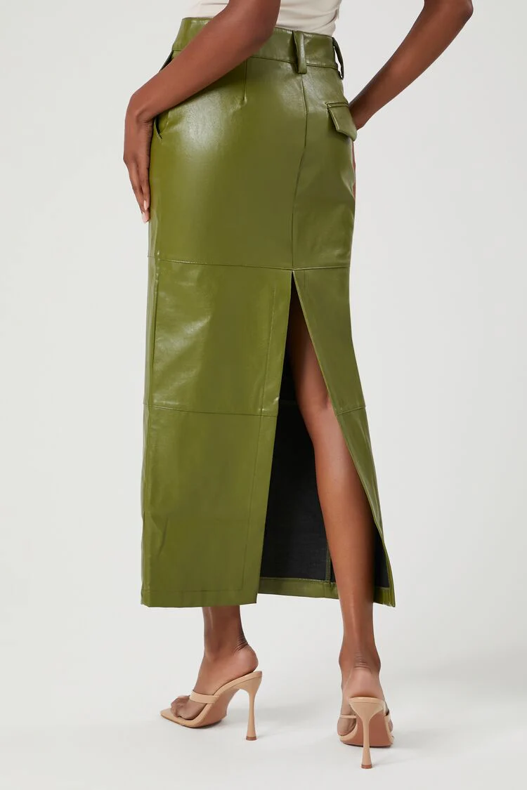 Faux Leather Slit Midi Skirt - Image 10