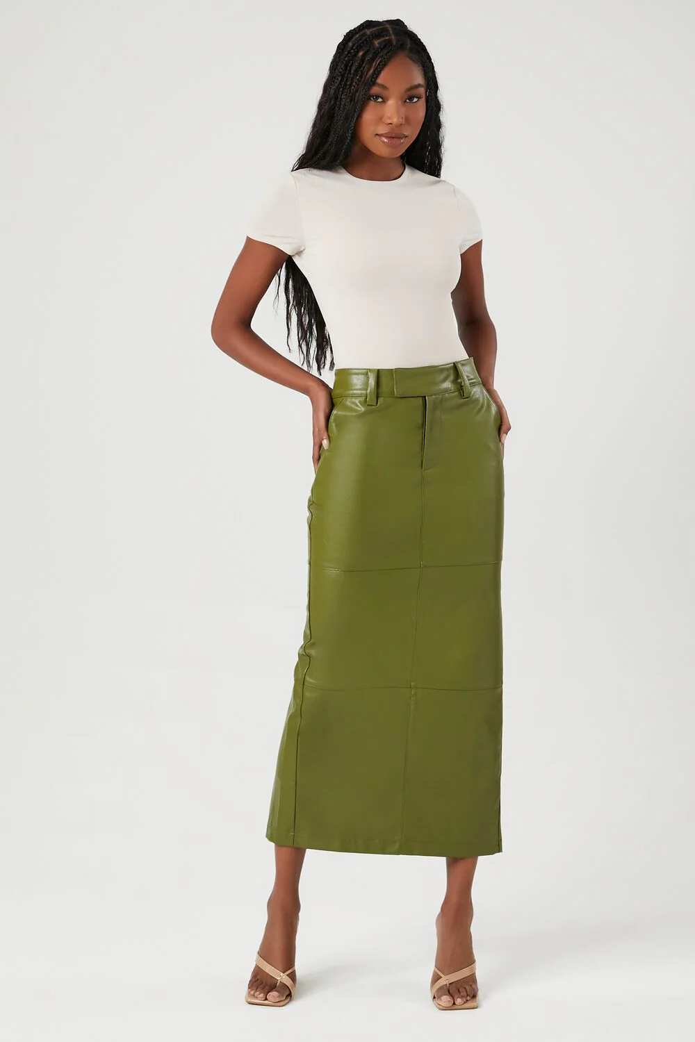 Faux Leather Slit Midi Skirt - Image 11