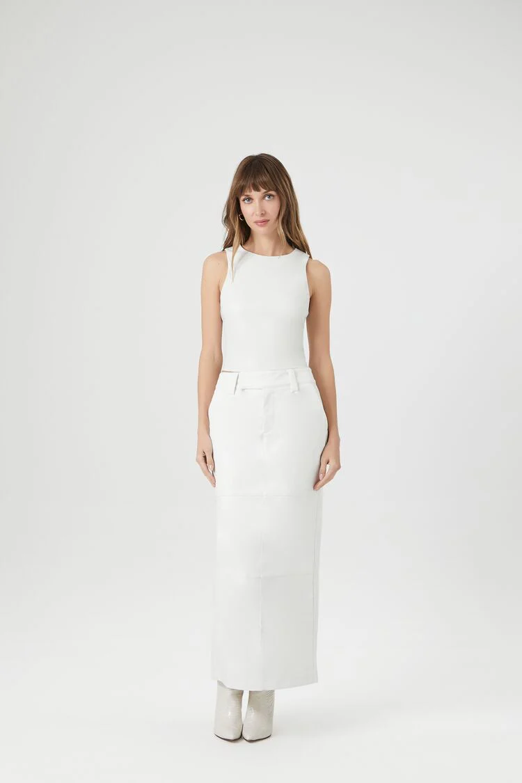 Faux Leather Slit Midi Skirt - Image 16