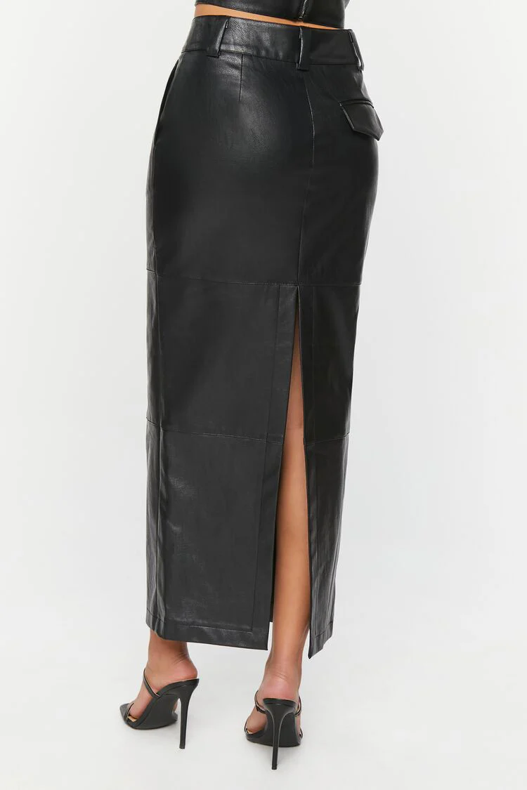 Faux Leather Slit Midi Skirt - Image 4