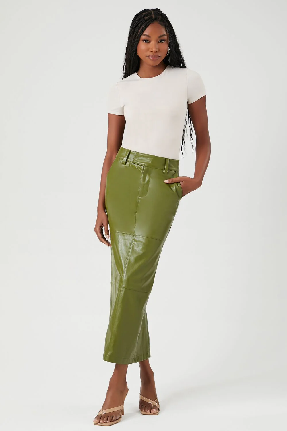 Faux Leather Slit Midi Skirt - Image 7