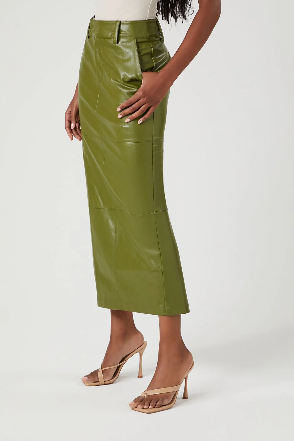 Faux Leather Slit Midi Skirt - Image 9
