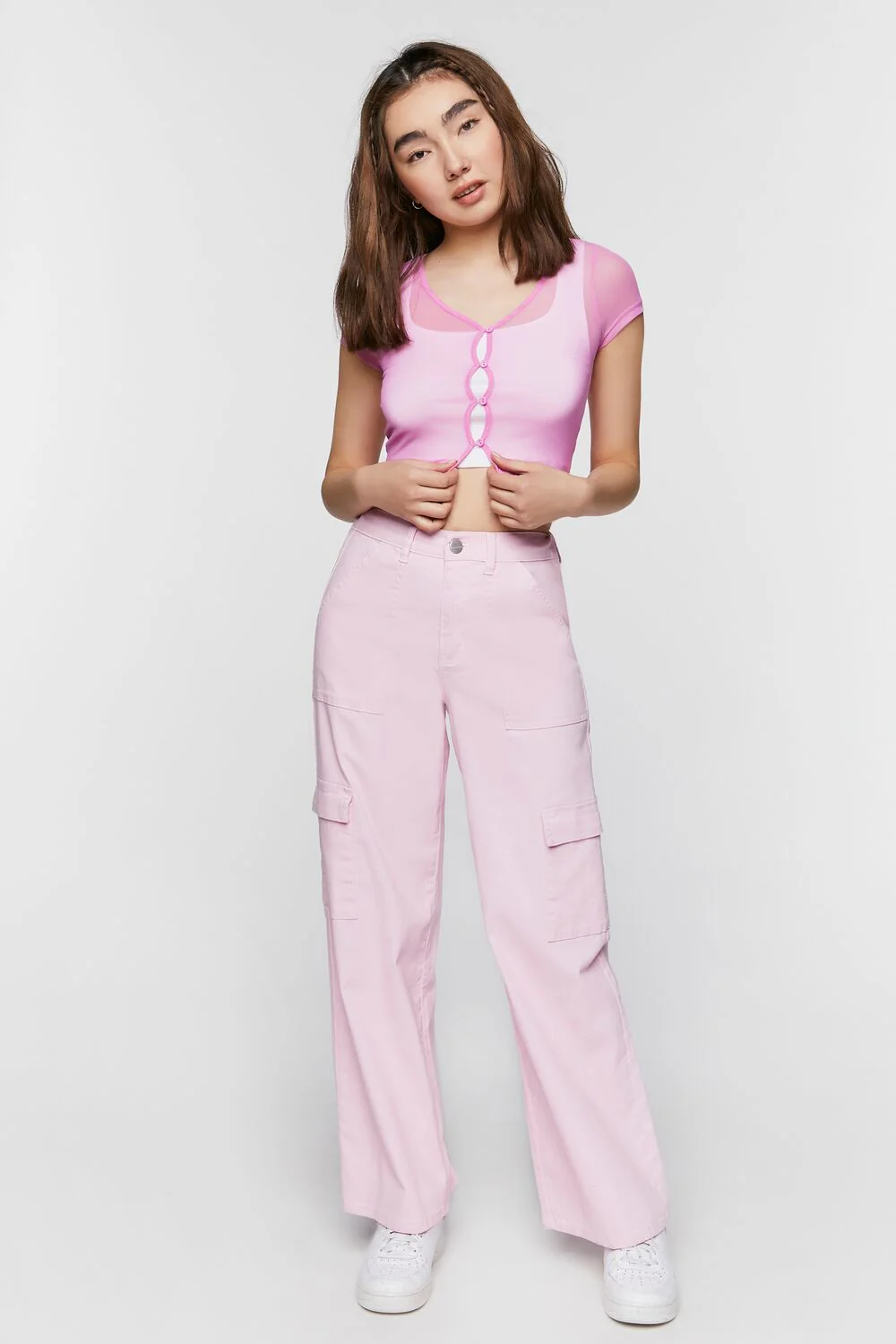 Sheer Mesh Button-Loop Crop Top - Image 4