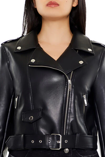 Faux Leather Cropped Moto Jacket - Image 3