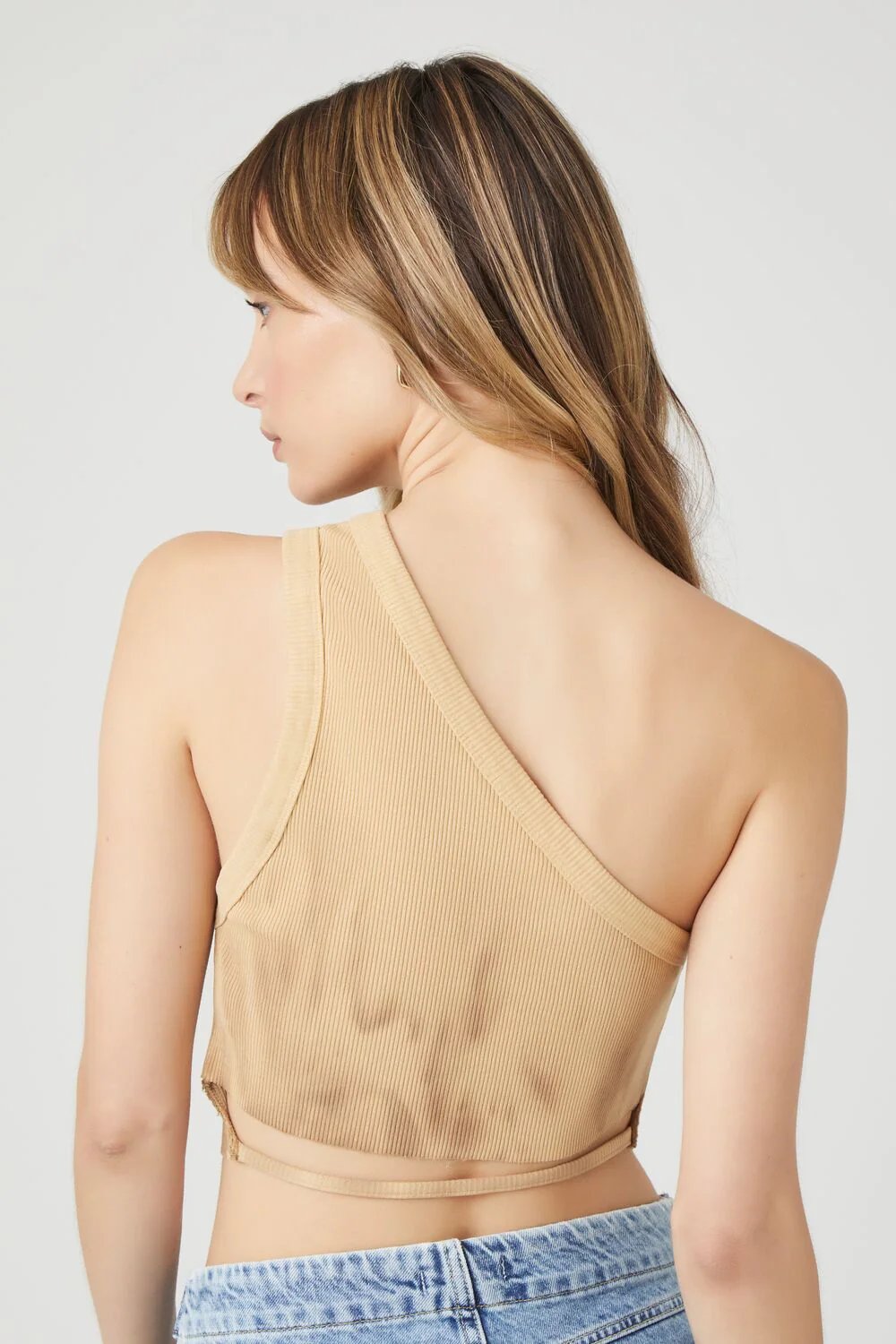 Rib-Knit One-Shoulder Cropped Tank Top - Image 2