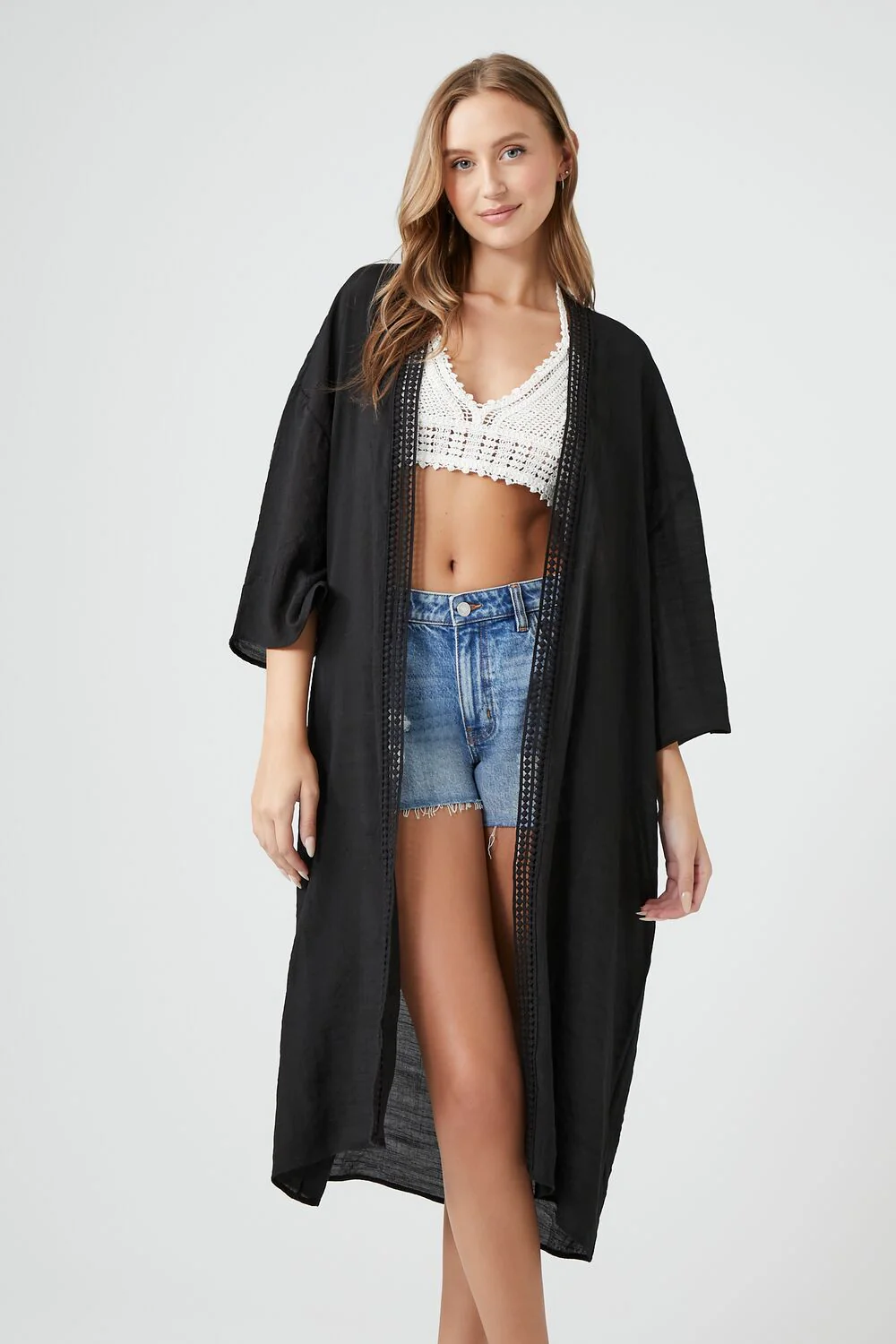 Open-Front Crochet-Trim Kimono - Image 4