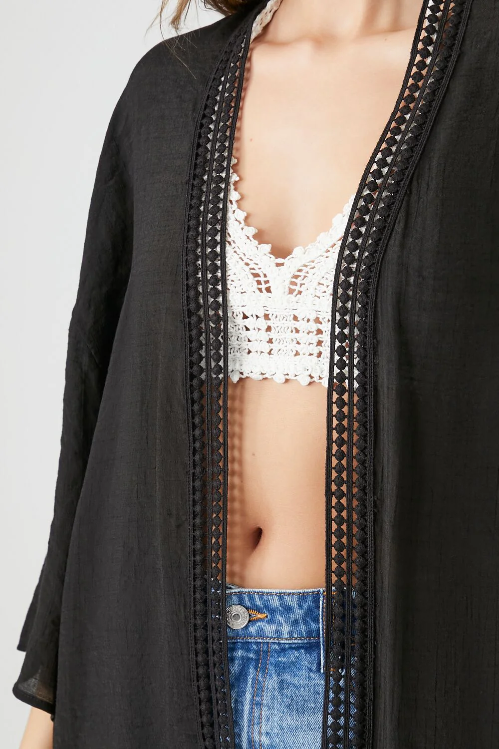 Open-Front Crochet-Trim Kimono - Image 5