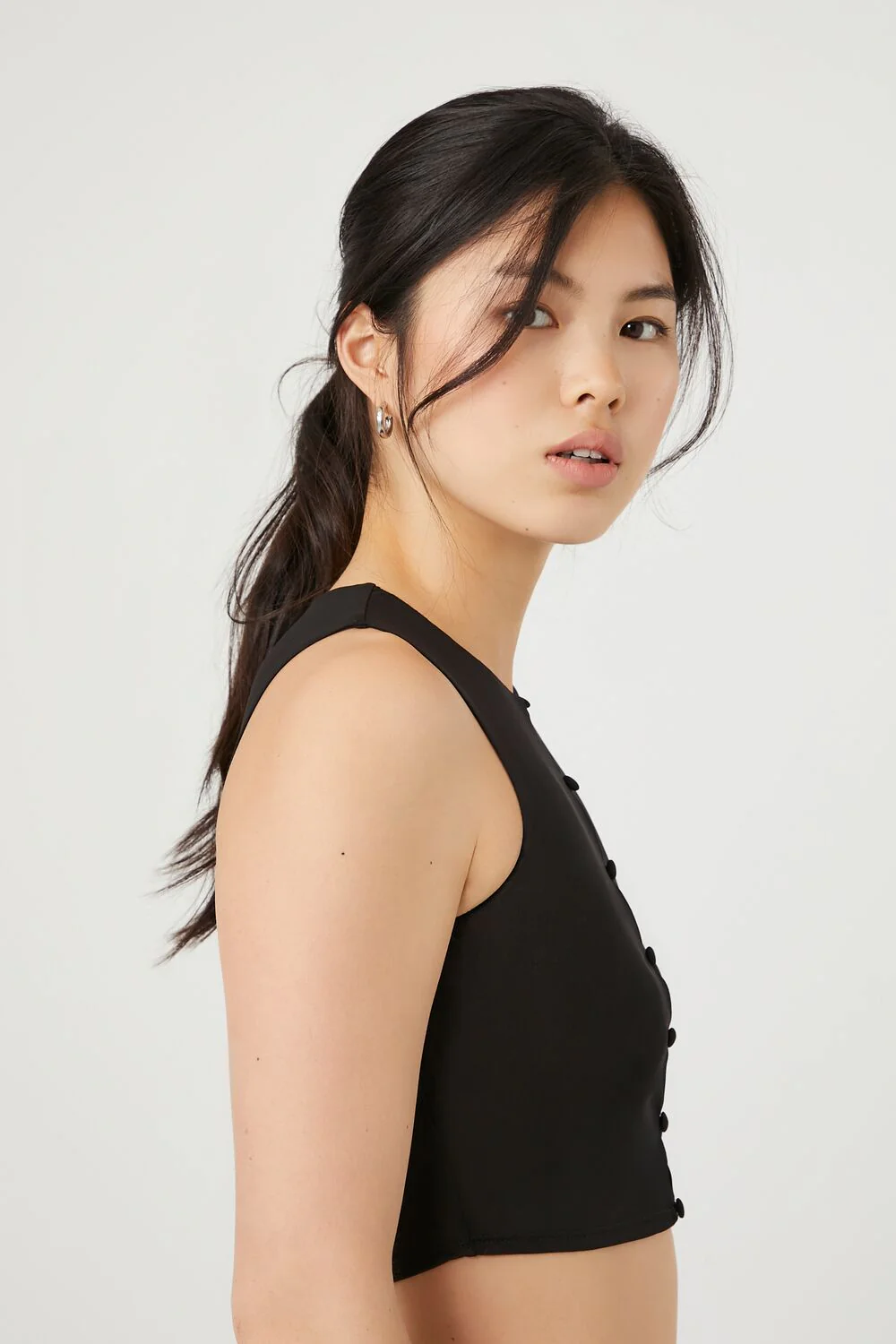Button-Front Mesh Crop Top - Image 2