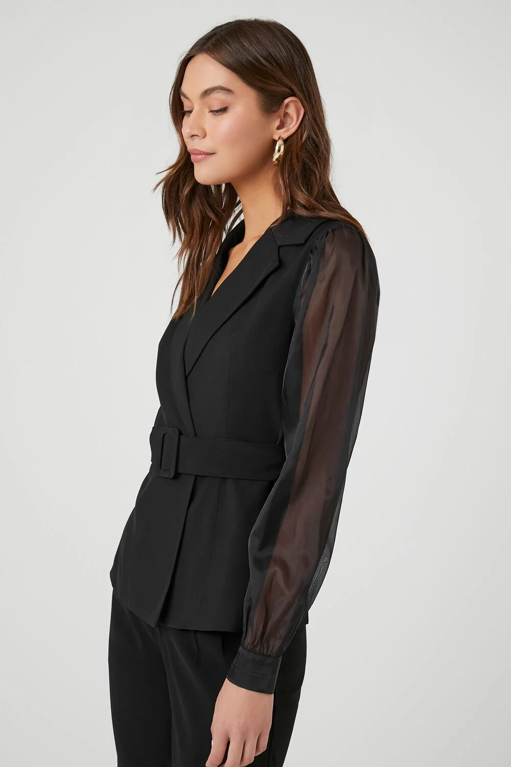 Belted Sheer Long-Sleeve Blazer - Image 2
