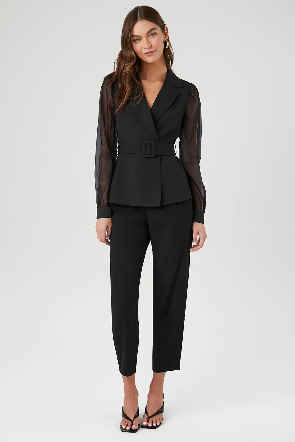 Belted Sheer Long-Sleeve Blazer - Image 4
