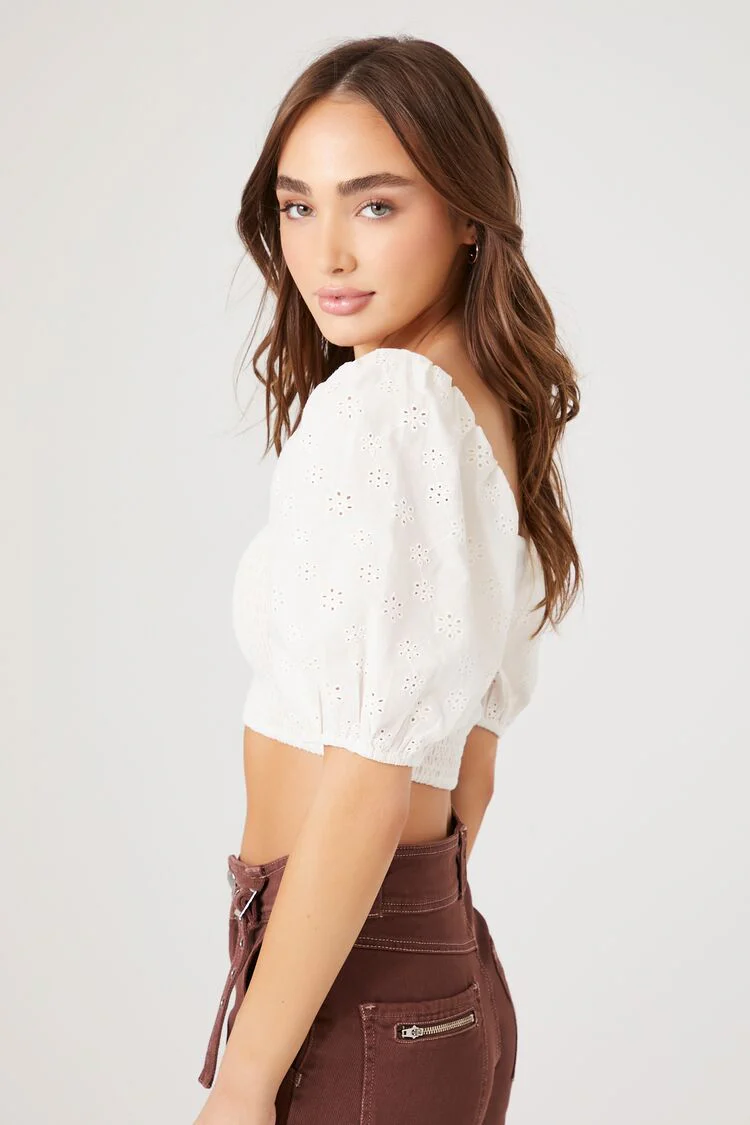 Smocked Floral Eyelet Crop Top - Image 2