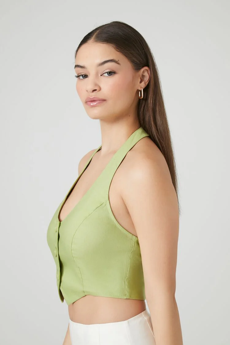Button-Front Halter Crop Top - Image 2