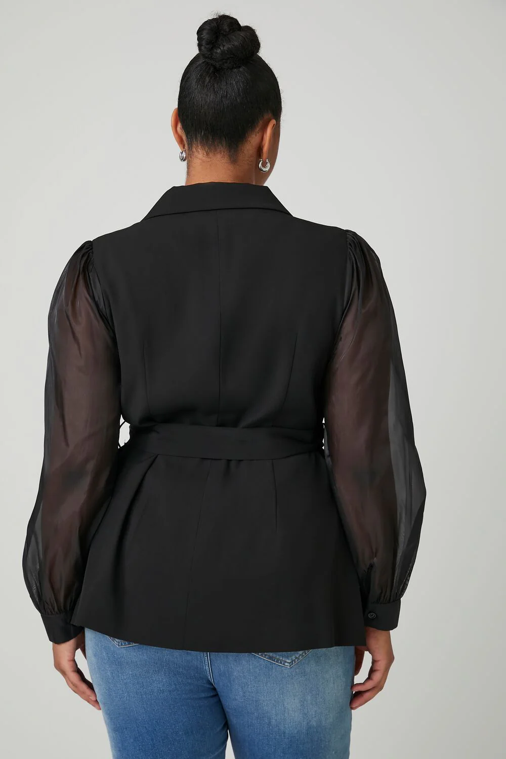 Plus Size Belted Sheer-Sleeve Blazer - Image 3