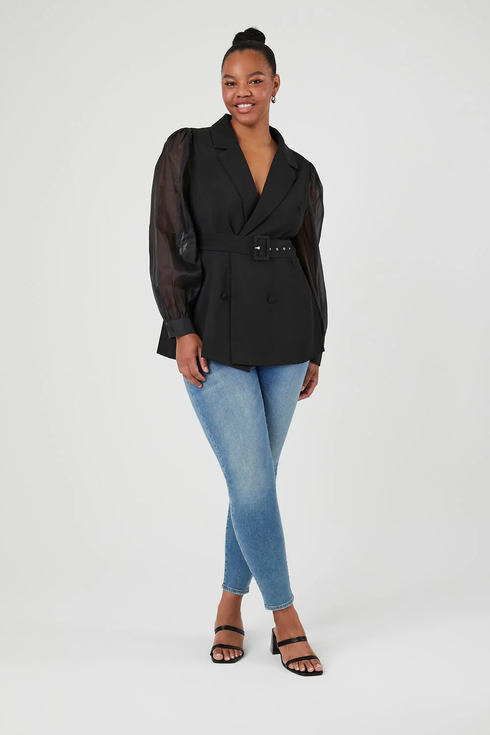Plus Size Belted Sheer-Sleeve Blazer - Image 4