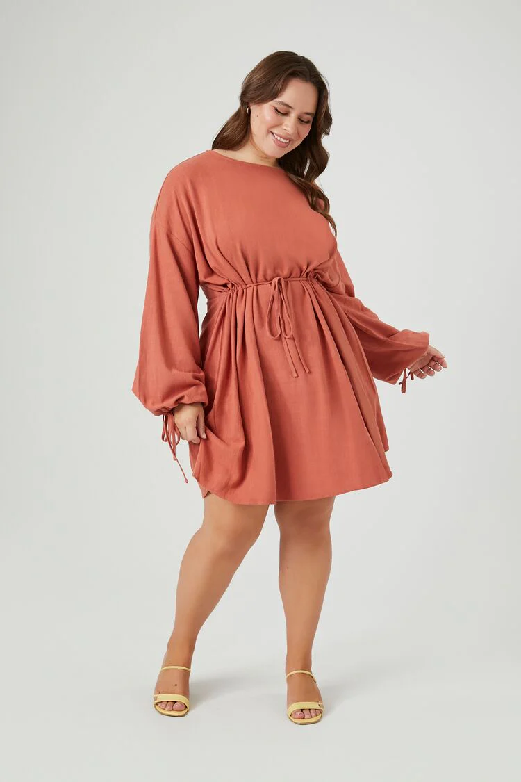 Plus Size Drawstring Peasant-Sleeve Mini Dress - Image 6