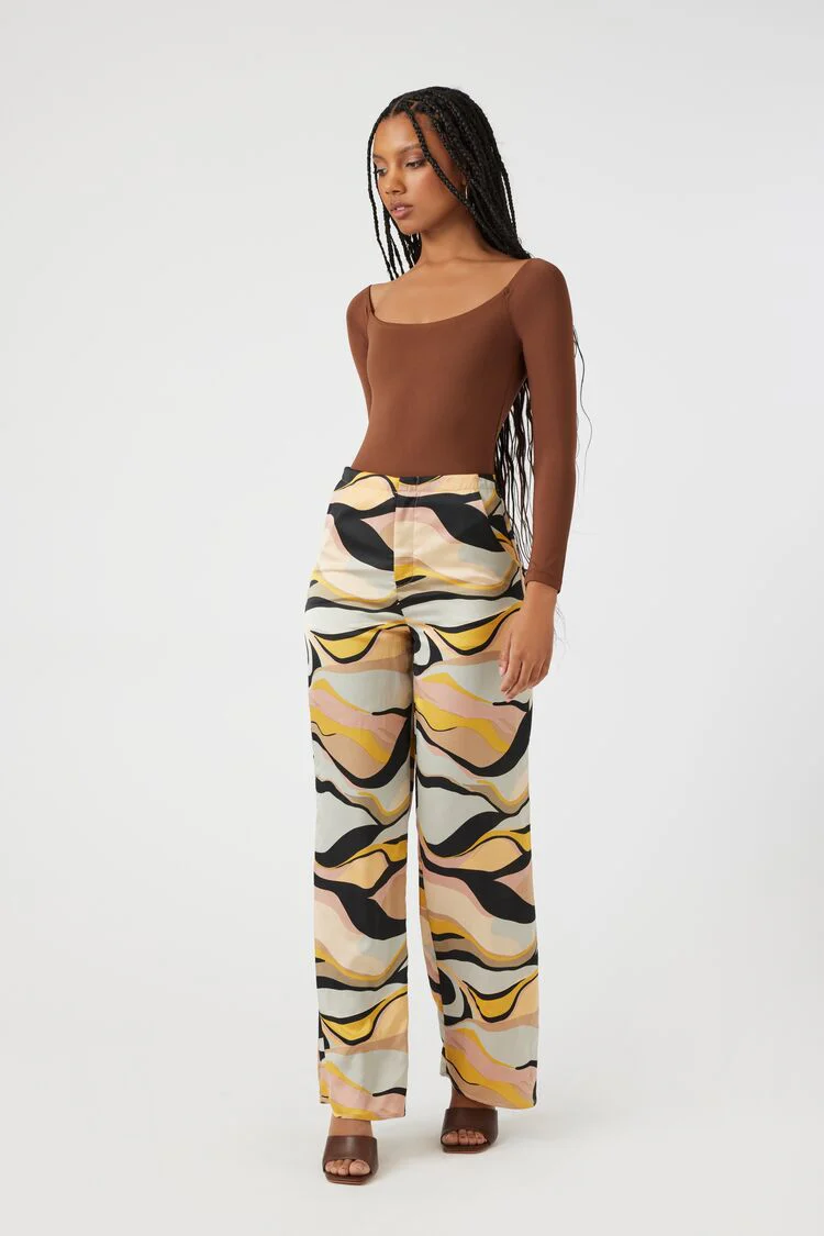 Satin Abstract Print Wide-Leg Pants - Image 5