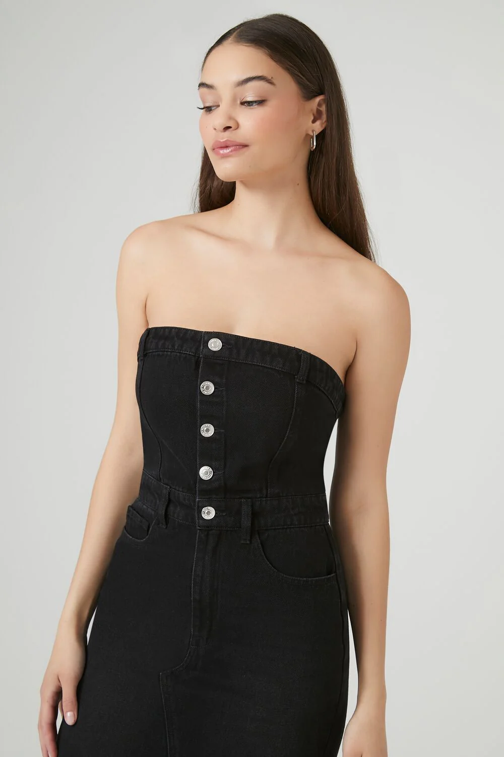 Button-Front Denim Tube Dress - Image 14
