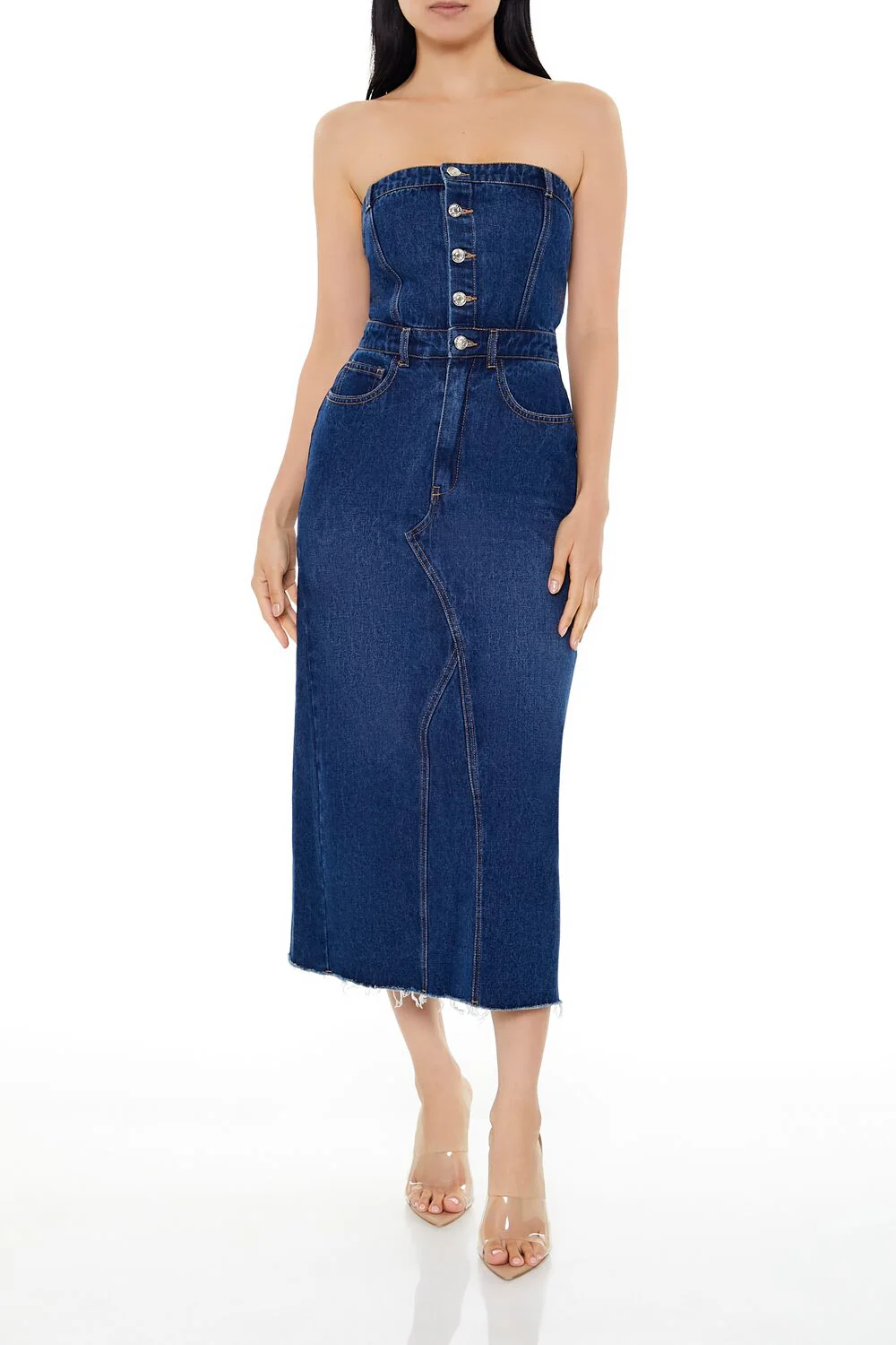 Button-Front Denim Tube Dress - Image 17