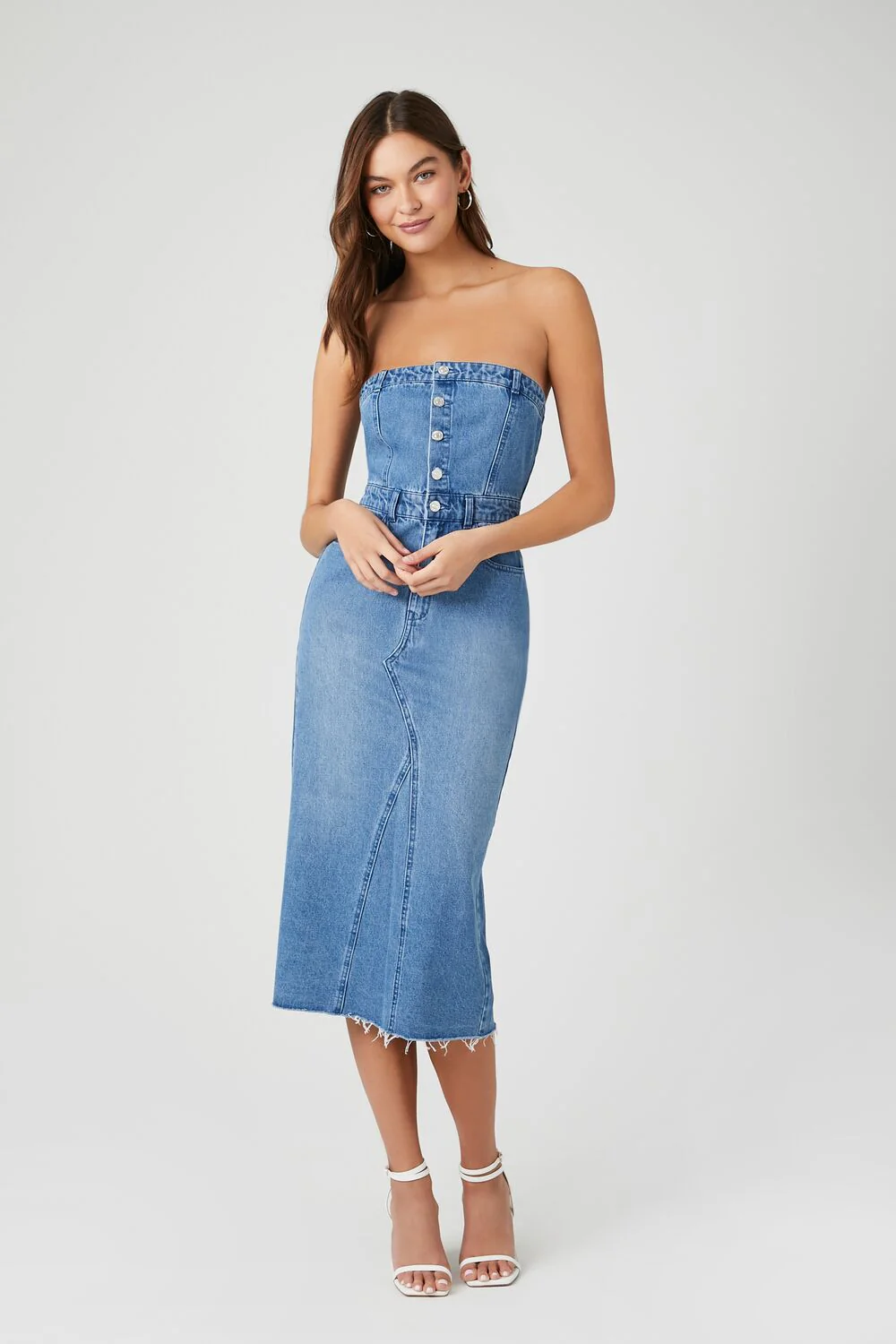 Button-Front Denim Tube Dress - Image 4