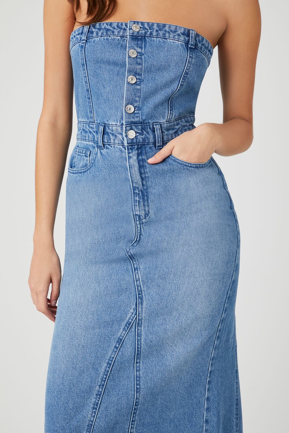 Button-Front Denim Tube Dress - Image 5