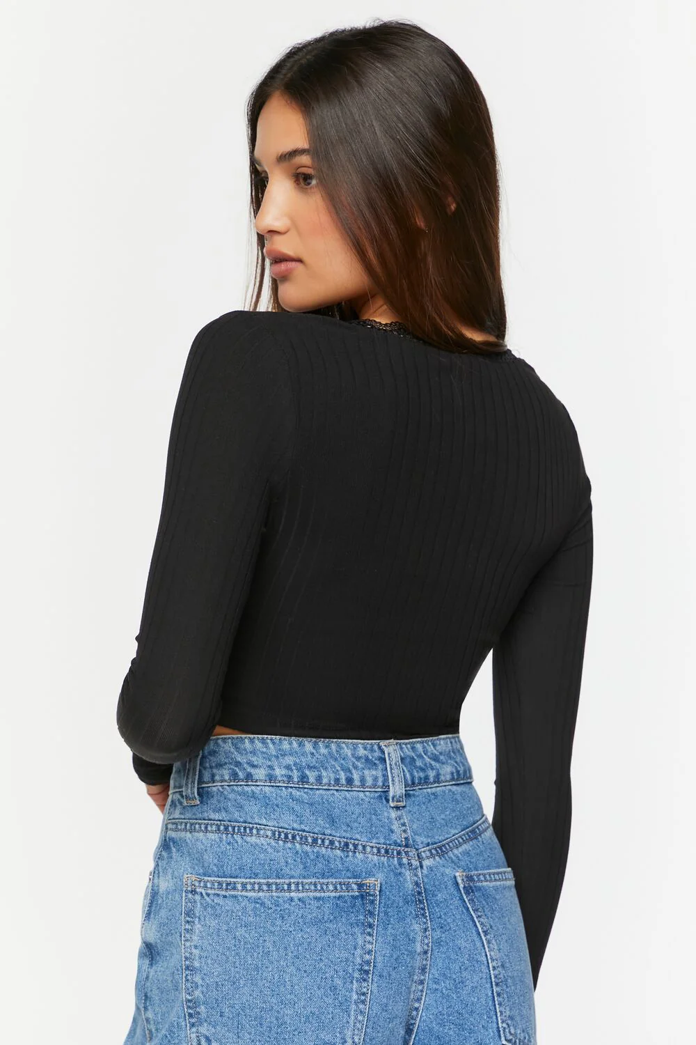 Lace-Trim Long-Sleeve Crop Top - Image 3