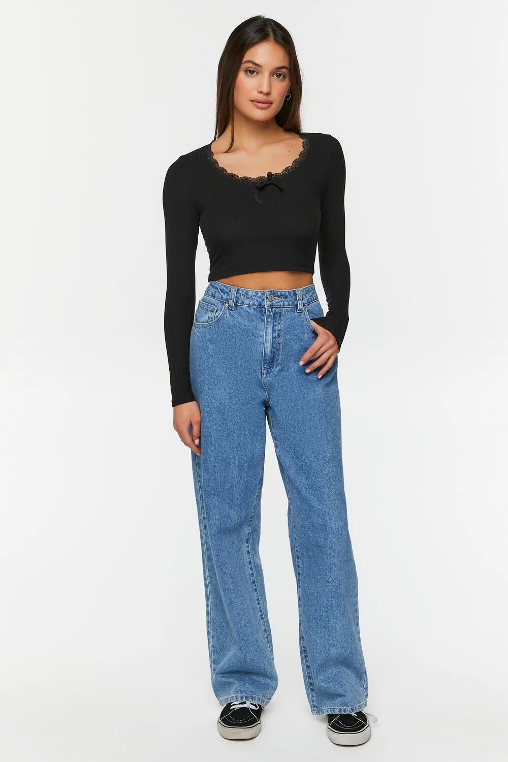 Lace-Trim Long-Sleeve Crop Top - Image 4