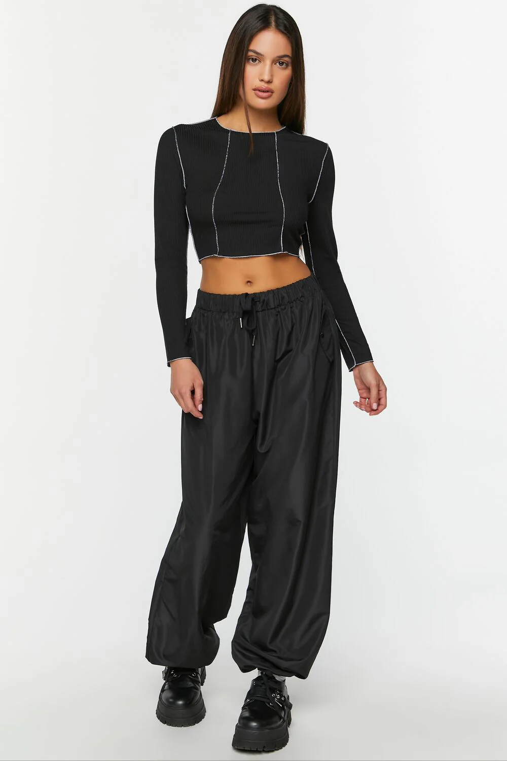 Contrast-Seam Long-Sleeve Crop Top - Image 4