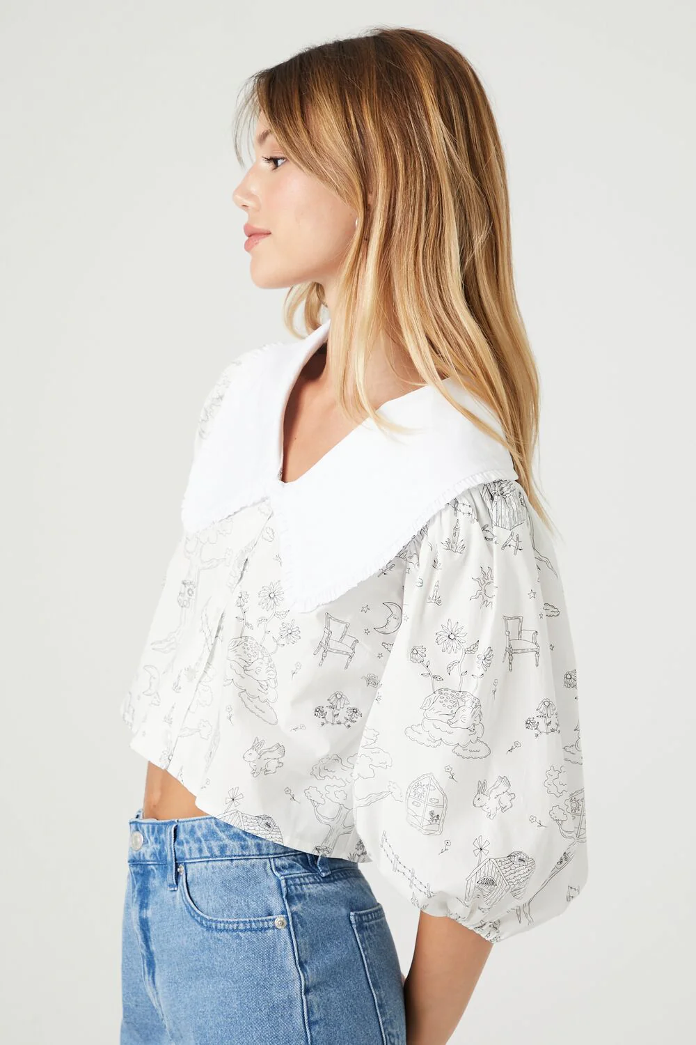 Doodle Print Wide Collar Shirt - Image 2
