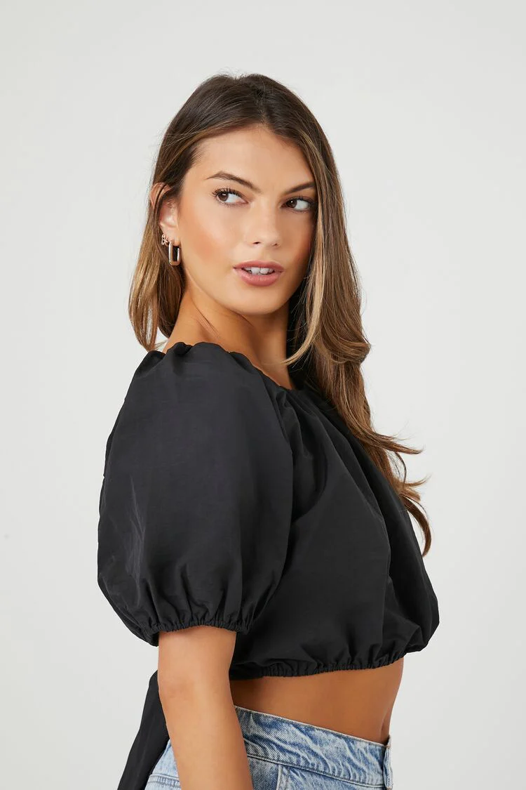 Puff-Sleeve Lace-Back Crop Top - Image 2