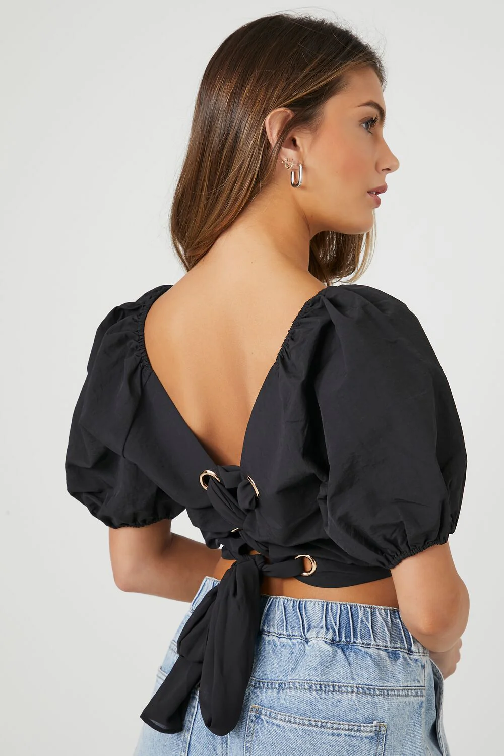 Puff-Sleeve Lace-Back Crop Top - Image 3